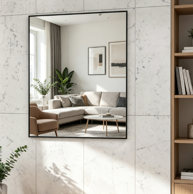 Rectangle Wall Mirror with Black Metal Frame, 20 x 16 Inches, Horizontal or Vertical Mount, for Bathroom, Entrance, Bedroom